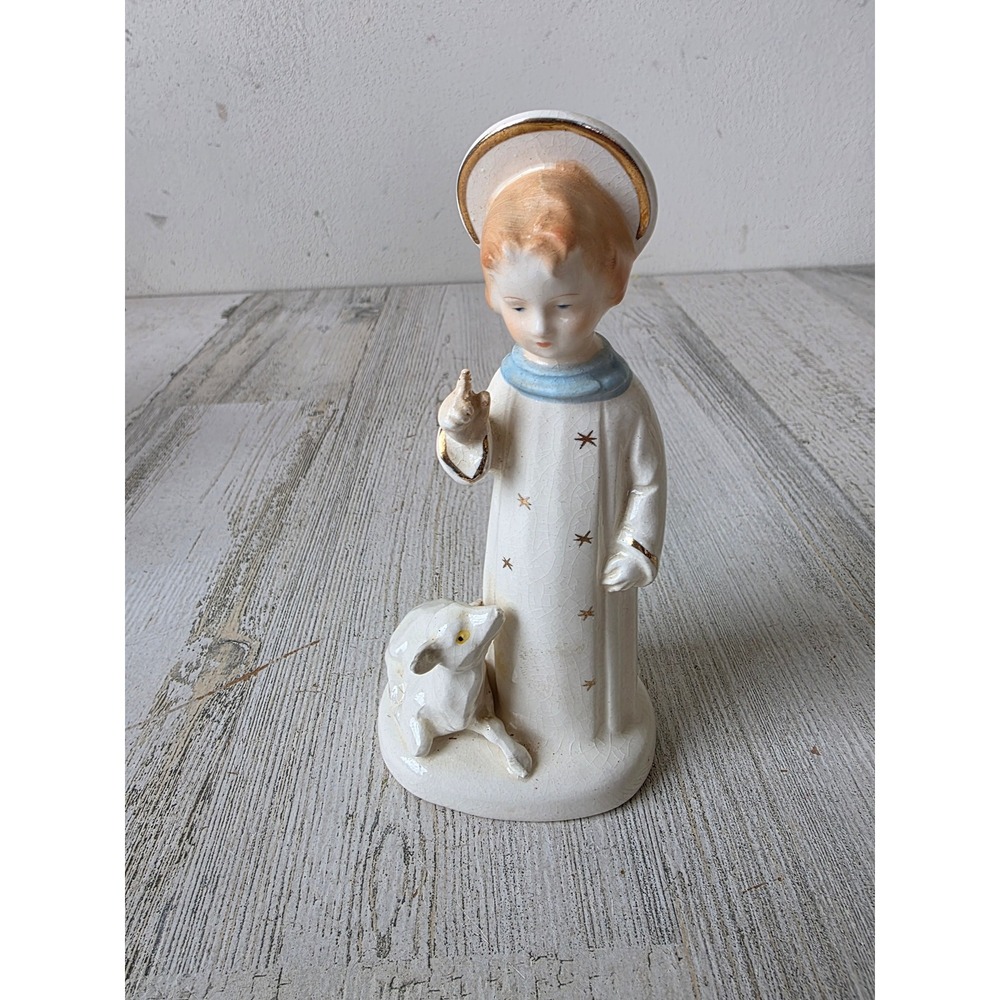 Vintage art boy religious deer Angel cherub statue figurine ceramic Japan decor